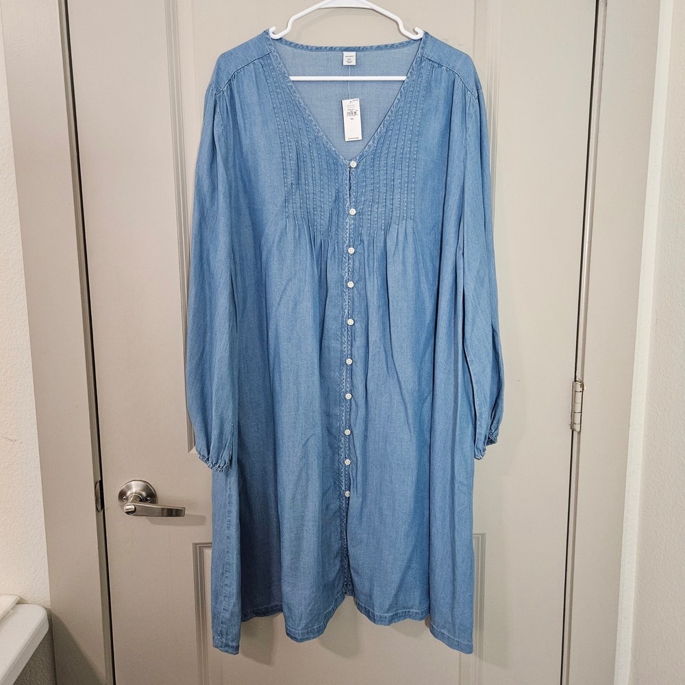 Old Navy Womens XXL Blue Lyocell Chambray Pintuck Button Front Shift Dress NEW